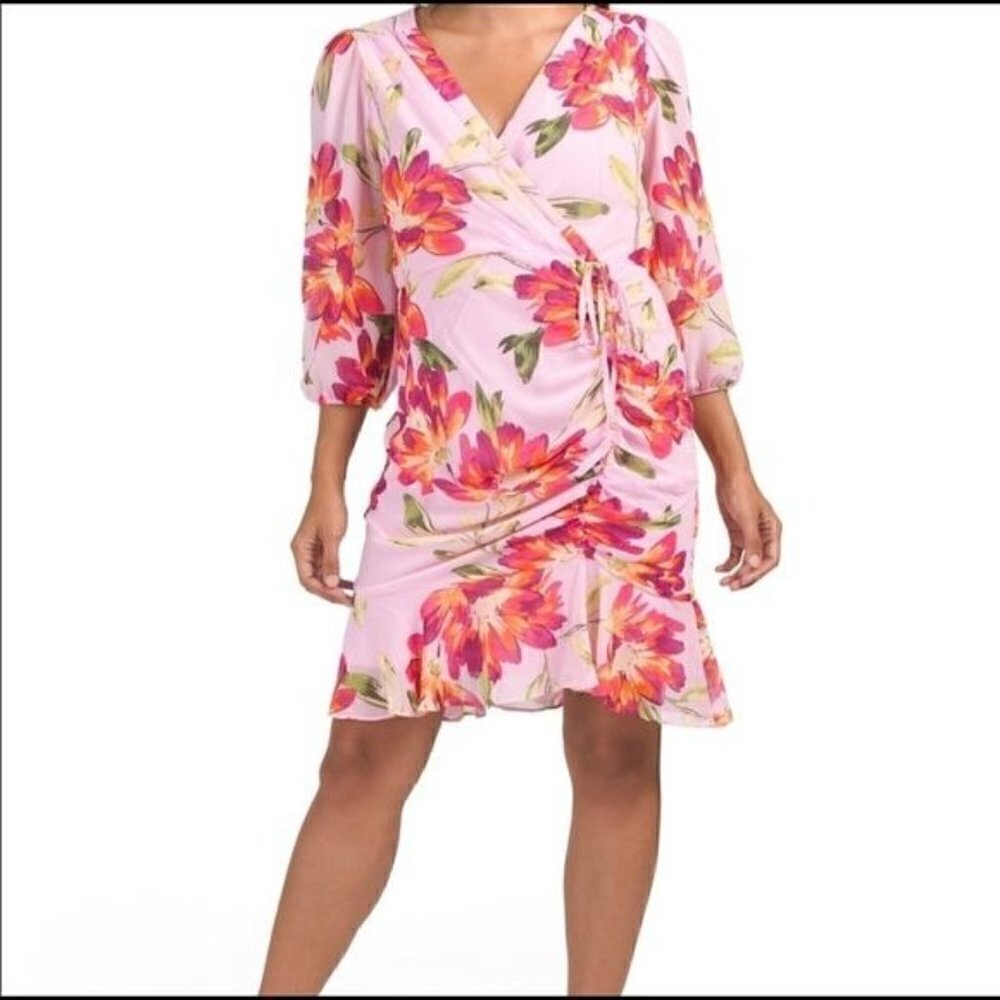 NEW Julia Jordan V-neck Floral Ruched Midi Dress Pink 12